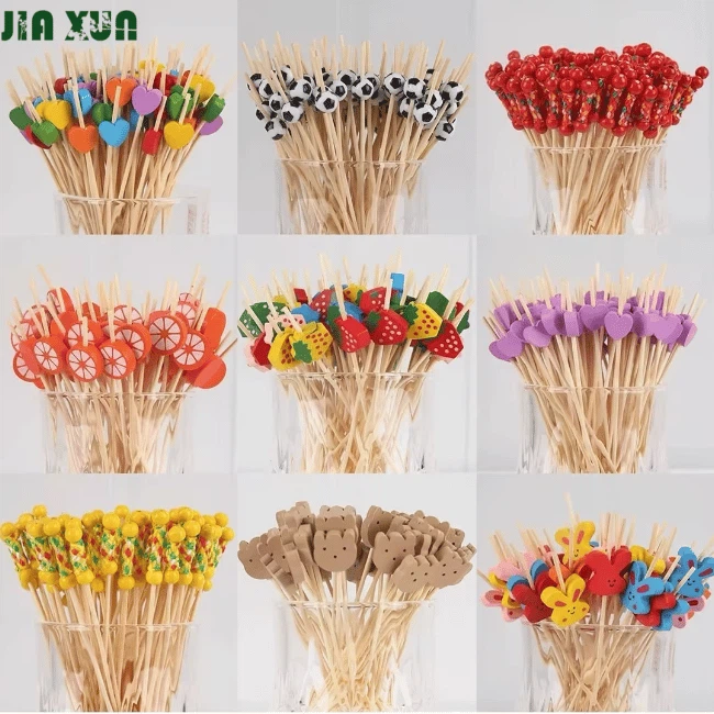 Decorative bamboo cocktail picks with green white and orange beads bulk supply